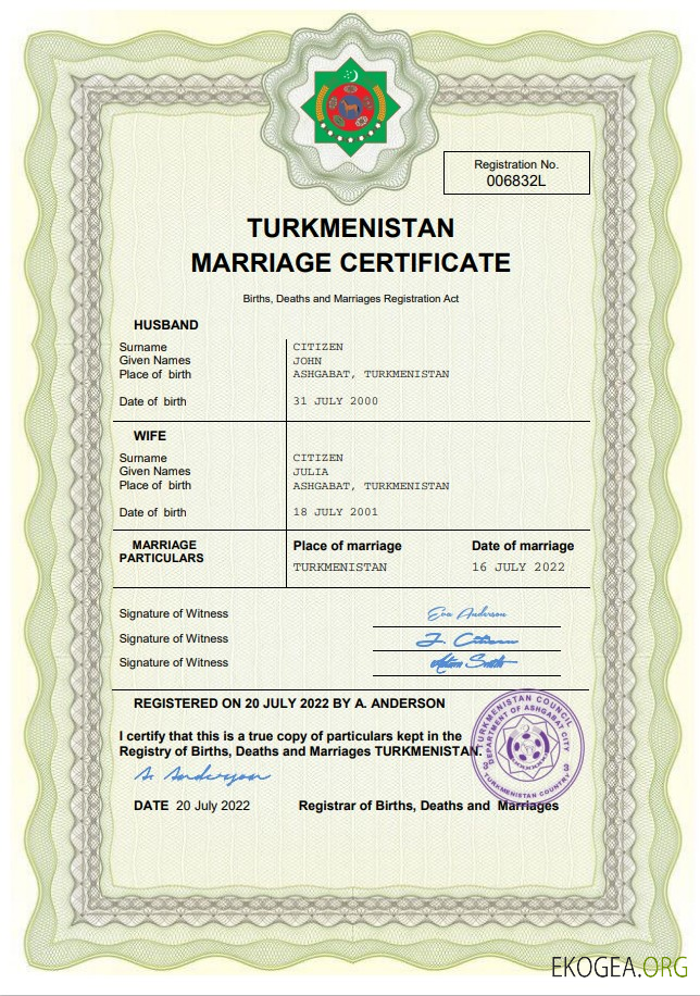 Modèle Word et PDF d'acte de mariage au Turkménistan